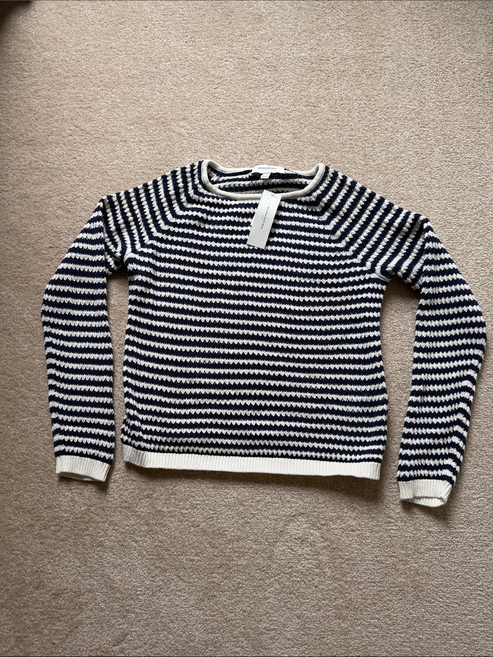 Banana Republic Factory Open Knit Navy and Cream Striped Crewneck Sweater